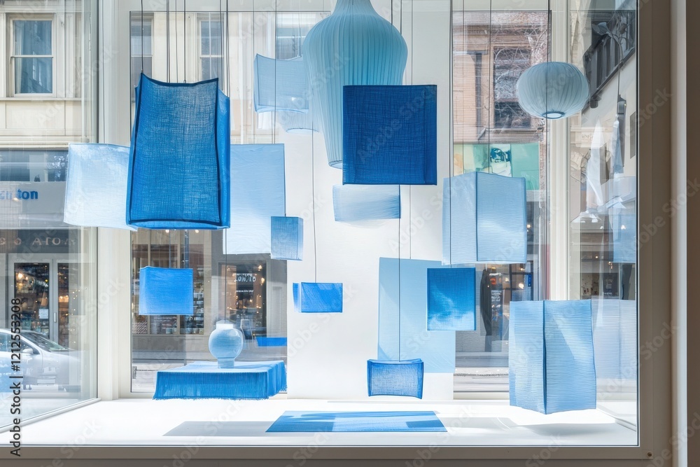 Hanging installations made of various shades of blue fabric catch sunlight in a shop window. The display emphasizes textures and forms, creating an inviting atmosphere for passersby.