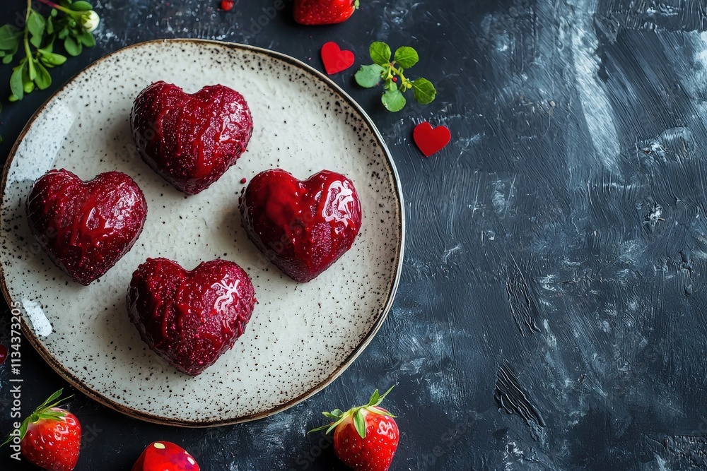 Heart-shaped desserts glisten on a speckled plate, accompanied by fresh strawberries and small decorative hearts. The dark background enhances the vibrant colors of the treats.