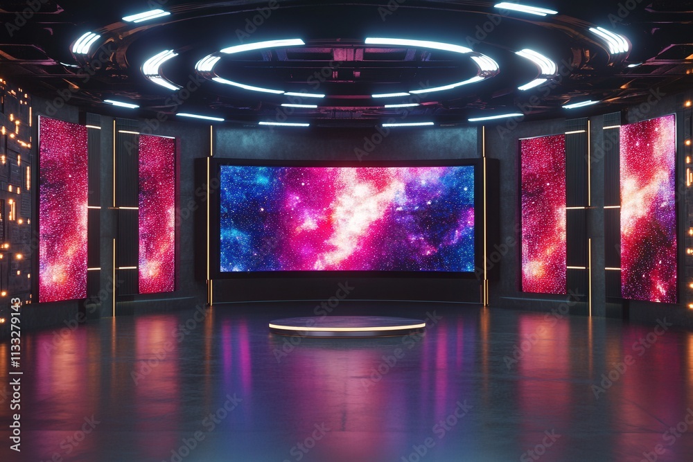 High-tech studio displays stunning cosmic visuals on large screens, creating an immersive environment with vibrant colors. The circular stage at the center enhances the futuristic feel.