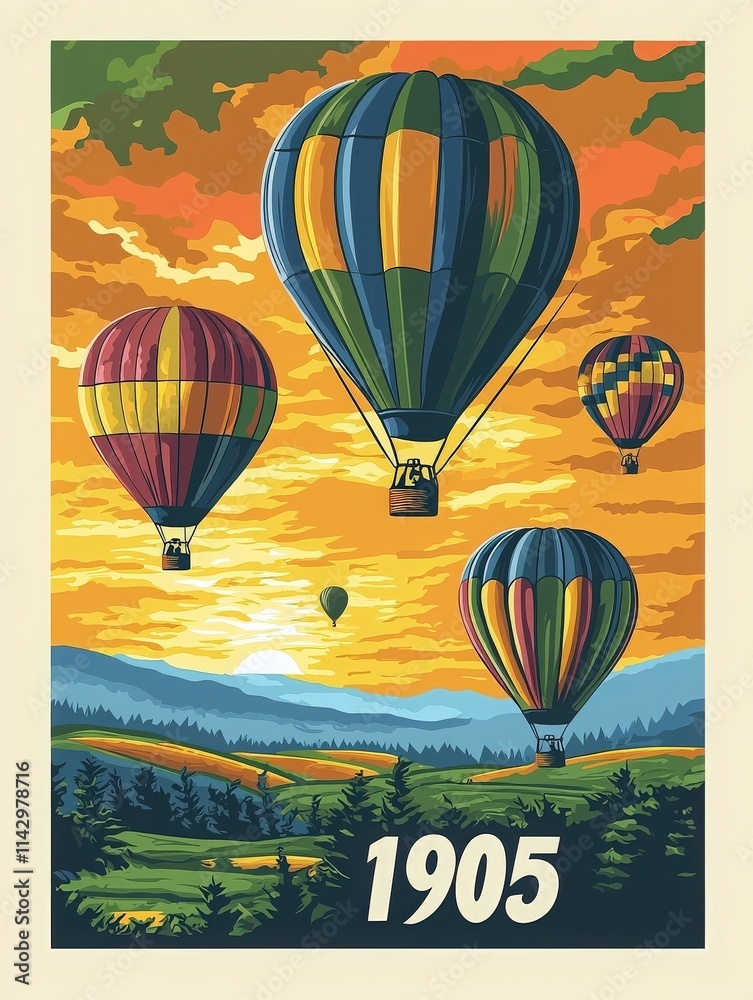 Hot air balloons in various colors ascend into a bright sunset sky above lush green hills and valleys. The scene captures the beauty of flight during the early 20th century.