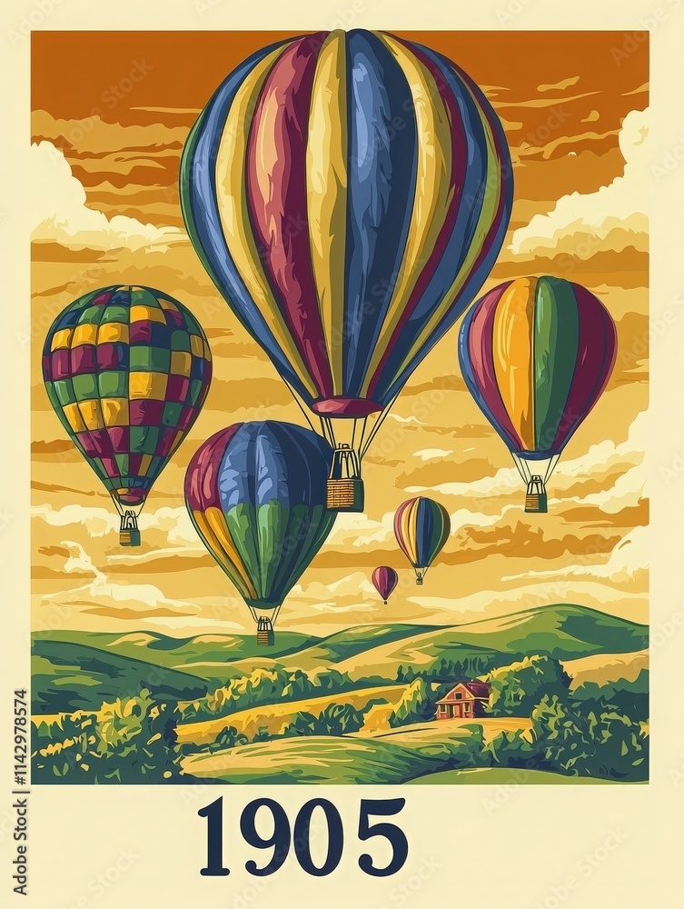 Hot air balloons in various colors float gracefully over lush green hills, with a quaint house nestled below. The setting evokes a festive atmosphere from the year 1905.