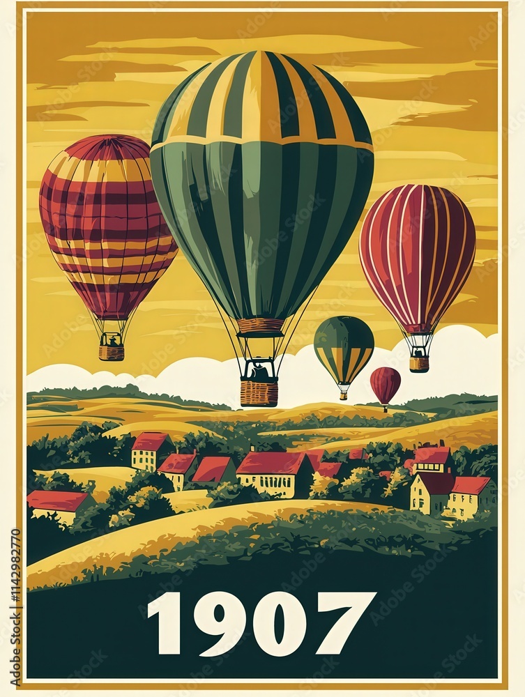 Hot air balloons of various colors fill the sky above a charming countryside with small houses and rolling hills. The scene reflects a serene atmosphere during the early 20th century.