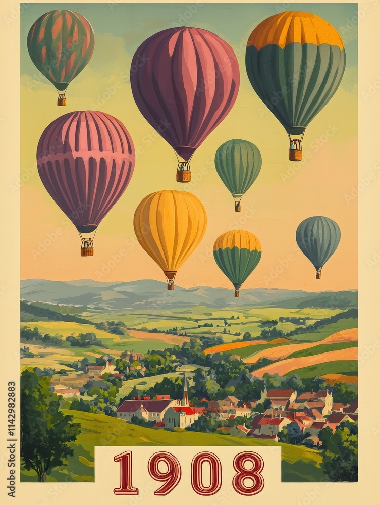 Hot air balloons of various colors float gracefully above a picturesque countryside in 1908. Below, a quaint village is nestled amid rolling hills and vibrant fields.