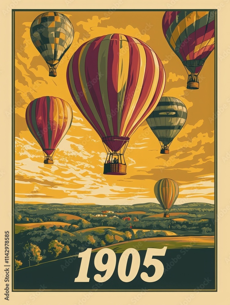 Hot air balloons of various colors float peacefully above rolling hills during a stunning sunset. The year marked is 1905, capturing a moment of adventure and serenity in the air.