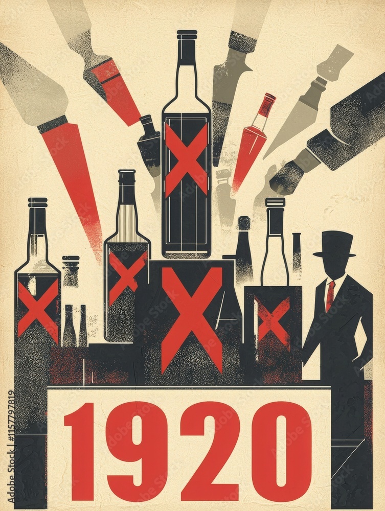 Illustrating the Prohibition era, this artwork features crossed-out bottles, a man in a suit, and dynamic silhouettes representing the ban on alcohol. The year 1920 is prominently displayed.