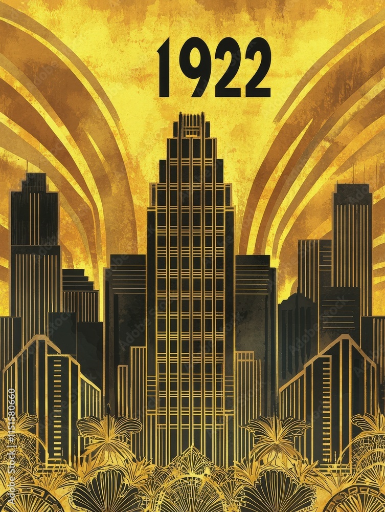 Illustration showcases a stylized city skyline from 1922, featuring art deco architecture bathed in golden hues, highlighting architectural details and a backdrop of plants.