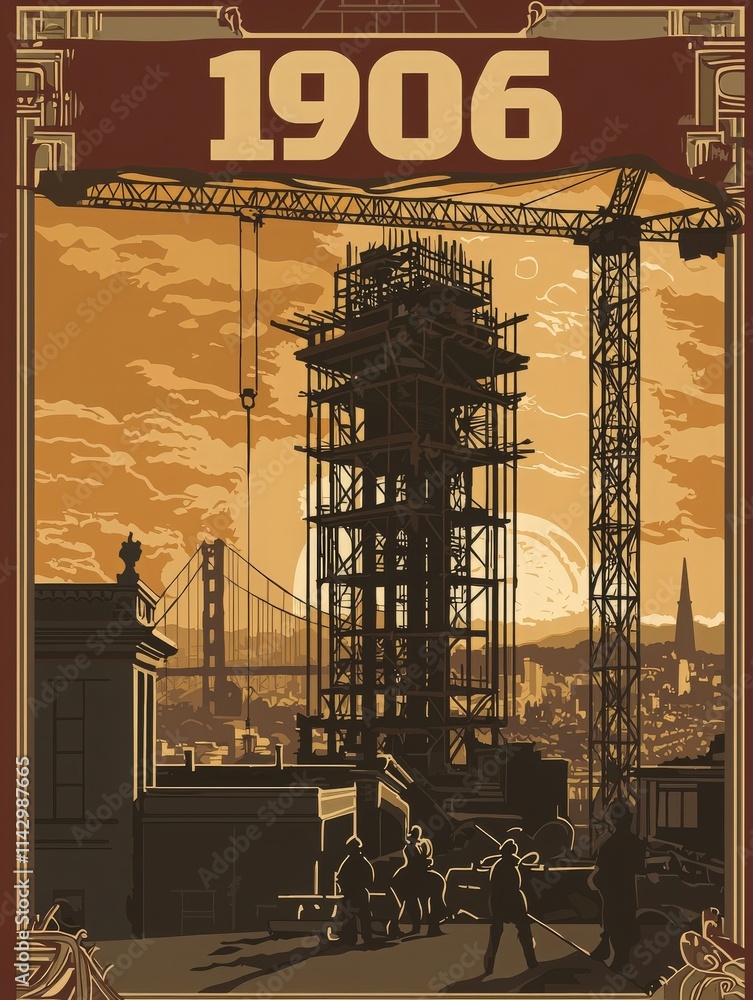 In 1906, workers construct a tall building in San Francisco as the sun sets, casting an orange glow over the skyline. A crane looms over the site, highlighting early 20th-century architecture.