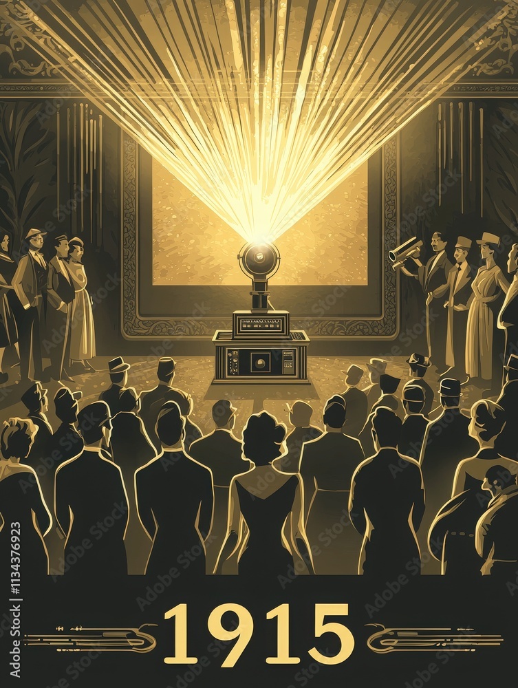 In 1915, an audience gathers to witness the excitement of a film projection. The setting is elegant, with a spotlight on the projector, capturing their awe and enthusiasm for the emerging medium.