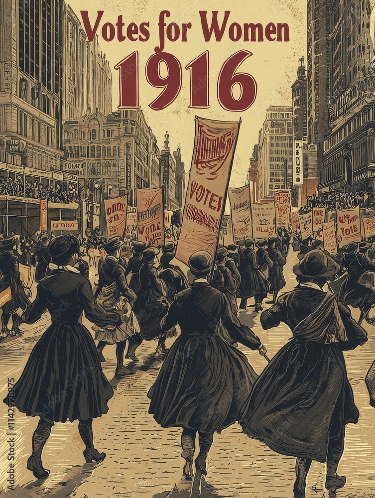 In 1916, women march down a bustling city street, holding banners that demand voting rights. Their determined expressions reflect the fight for equality and suffrage during this pivotal time.