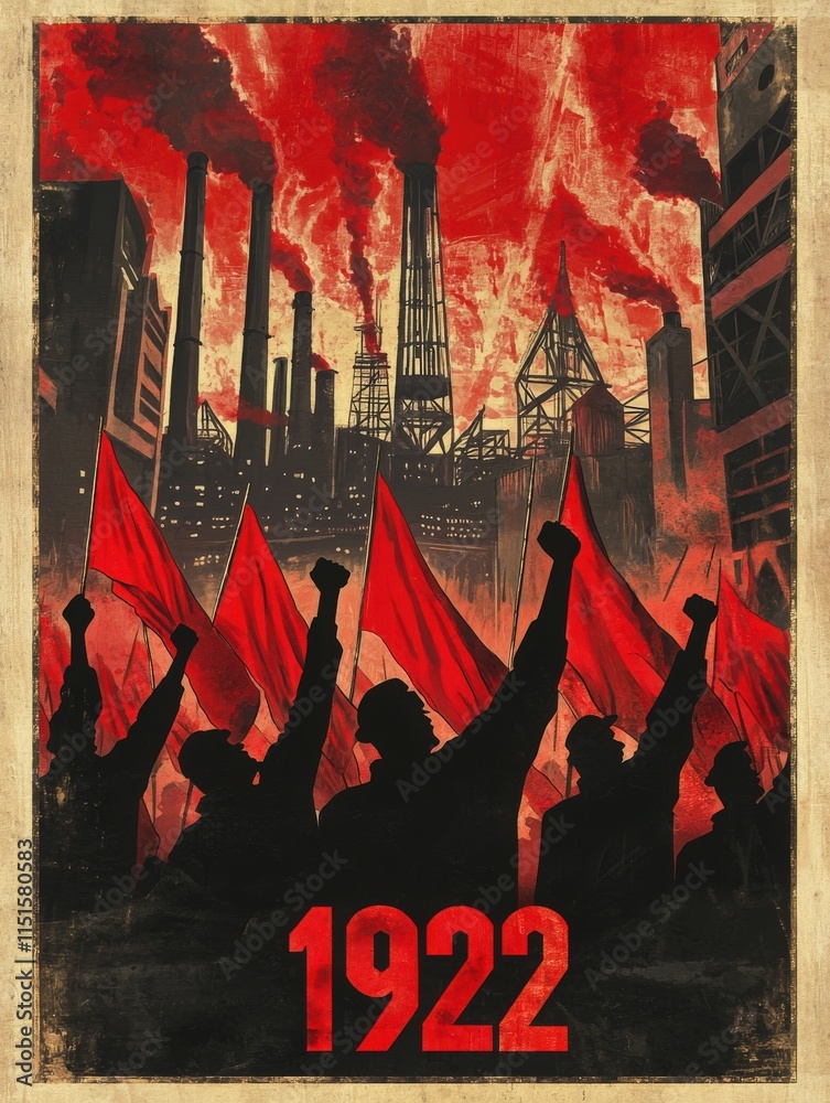 In 1922, a large group of workers raises red flags while rallying against the industrial skyline. The atmosphere is charged with energy, surrounded by billowing smoke and factories.