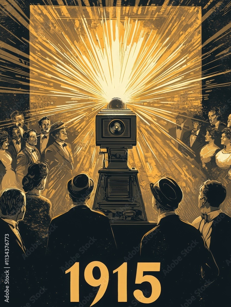 In a 1915 gathering, an audience dressed in vintage attire watches in awe as a film projector illuminates a golden screen, representing the early days of cinema and its emerging popularity.