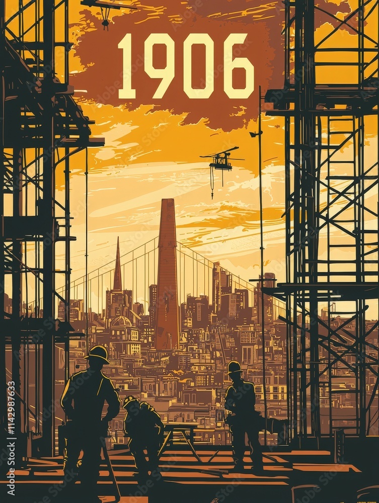 In a bustling construction site, workers labor amidst scaffolding as a vivid sunset casts a warm glow over a developing city skyline in 1906, highlighting emerging structures and industry.