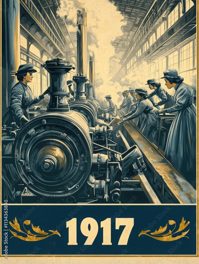 In a factory filled with steam and machinery, women meticulously work on steam engines. Their focused expressions show dedication to their craft during the year of 1917.