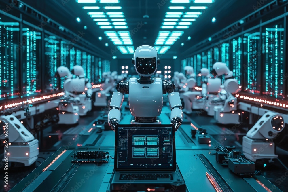 In a futuristic workspace, multiple robots engage in tasks at sleek workstations. Bright blue lights illuminate the setting, emphasizing their advanced technology and efficiency in operations.