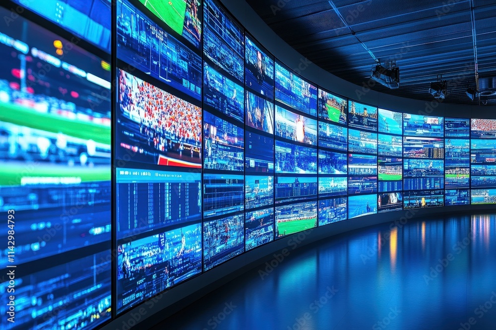 In a high-tech room, numerous screens display real-time sports statistics, games, and analytics. The setup supports advanced analysis and enhances viewer engagement during live events.