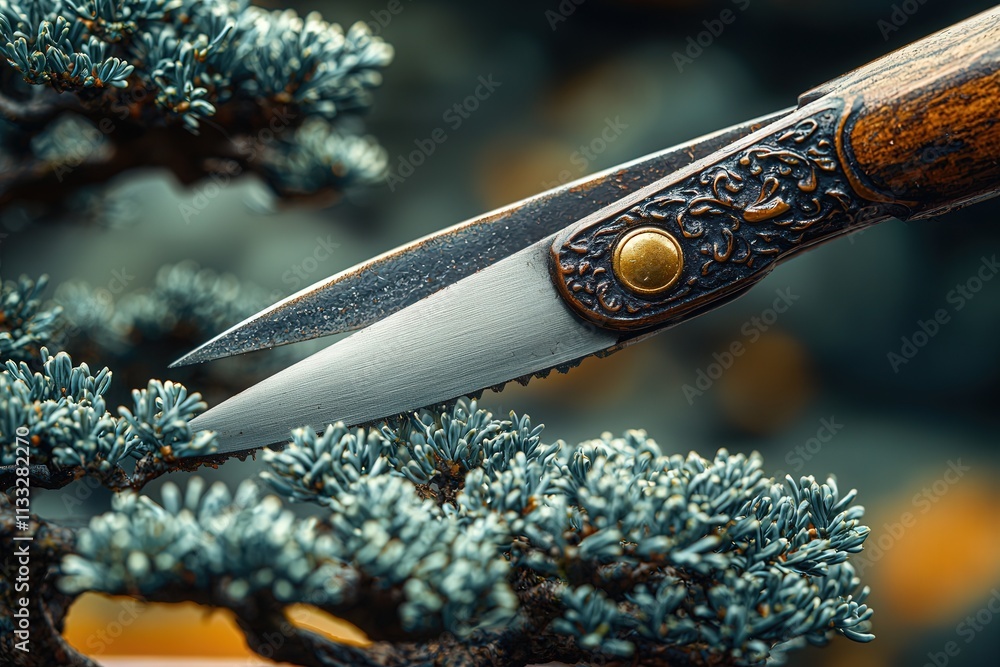 In a tranquil garden, ornate scissors carefully prune the delicate branches of a bonsai tree. The sunlight highlights the intricate details of the scissors and the lush foliage.