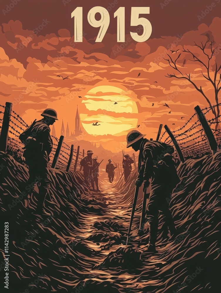 In a trench illuminated by a dramatic sunset, soldiers in World War I uniforms are seen working and moving through a muddy path. Barbed wire lines the trench, creating a tense atmosphere.
