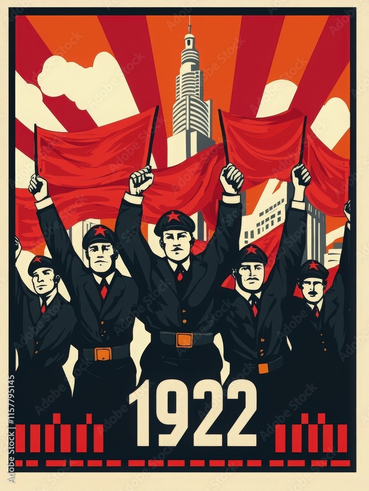 In a vibrant display of solidarity, individuals in military-style uniforms hold red flags aloft during a rally in 1922. The backdrop features a dramatic city skyline, symbolizing strength and unity.