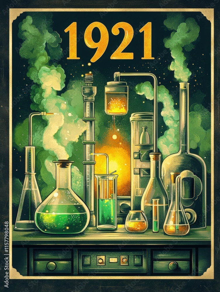 In a vintage laboratory setting from 1921, various glass containers hold vibrant green and yellow liquids. Laboratory equipment is arranged on a dark table, surrounded by swirling smoke.