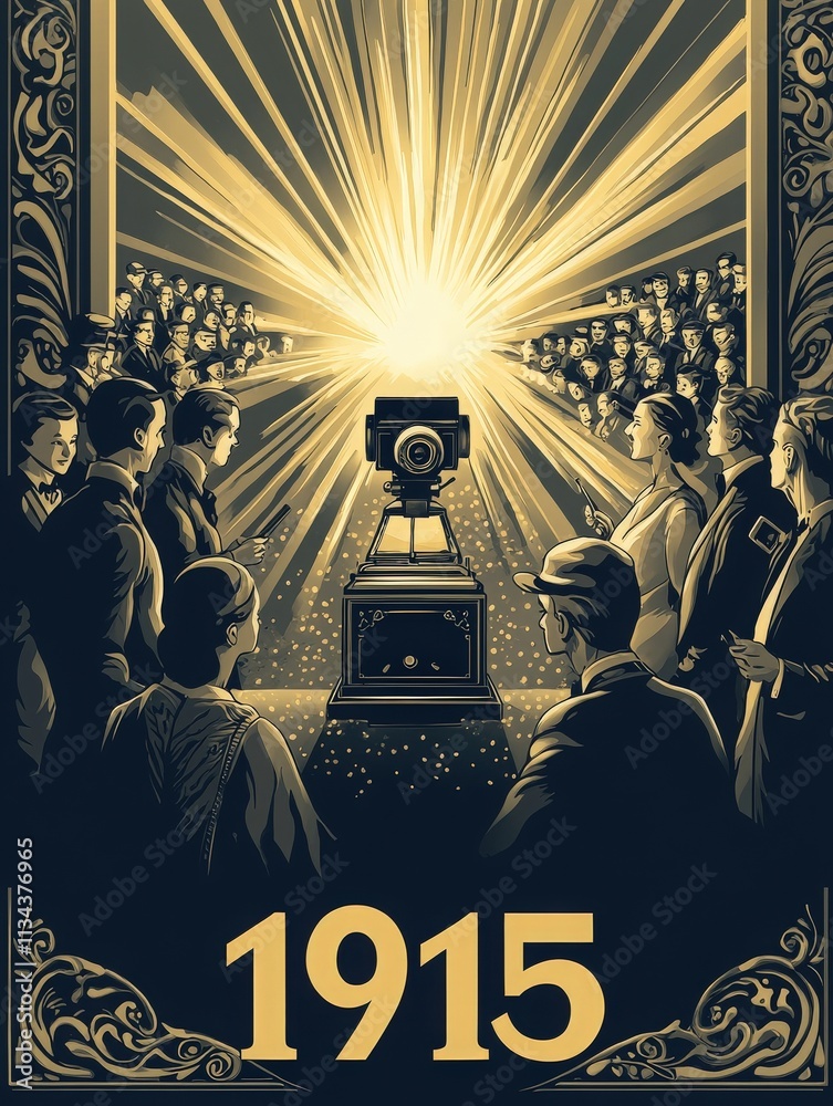 In a vintage setting from 1915, a captivated audience gathers around a film projector, eagerly watching as light bursts forth, illuminating their faces with excitement and anticipation.