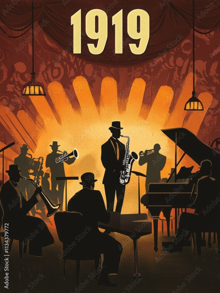 In an intimate club, a group of musicians captivates the audience with jazz tunes. A saxophonist stands in the spotlight, surrounded by a brass section and a grand piano.