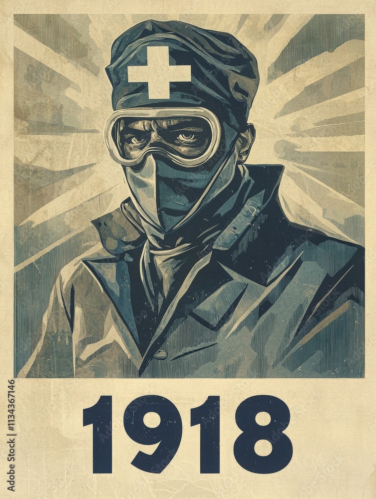 In the background of this artwork, rays of light shine over a masked medical worker from 1918, symbolizing hope and resilience during the influenza pandemic.