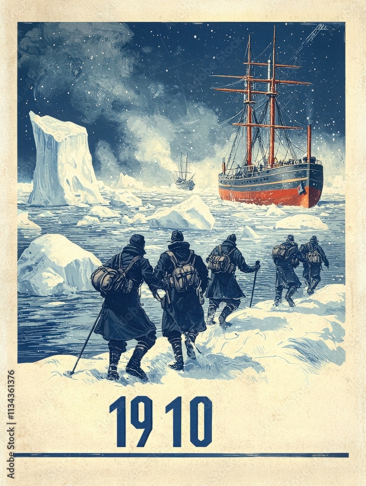 In the year 1910, a group of explorers walks across icy terrain near massive icebergs with a ship navigating in the background, illustrating a daring expedition in harsh conditions.