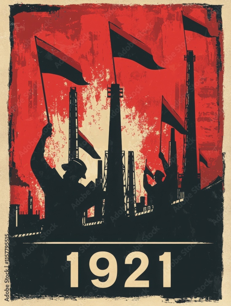 Individuals raise flags high in a show of solidarity against a striking red backdrop, symbolizing unity and determination in a workers movement from 1921, highlighting their strength and resolve.