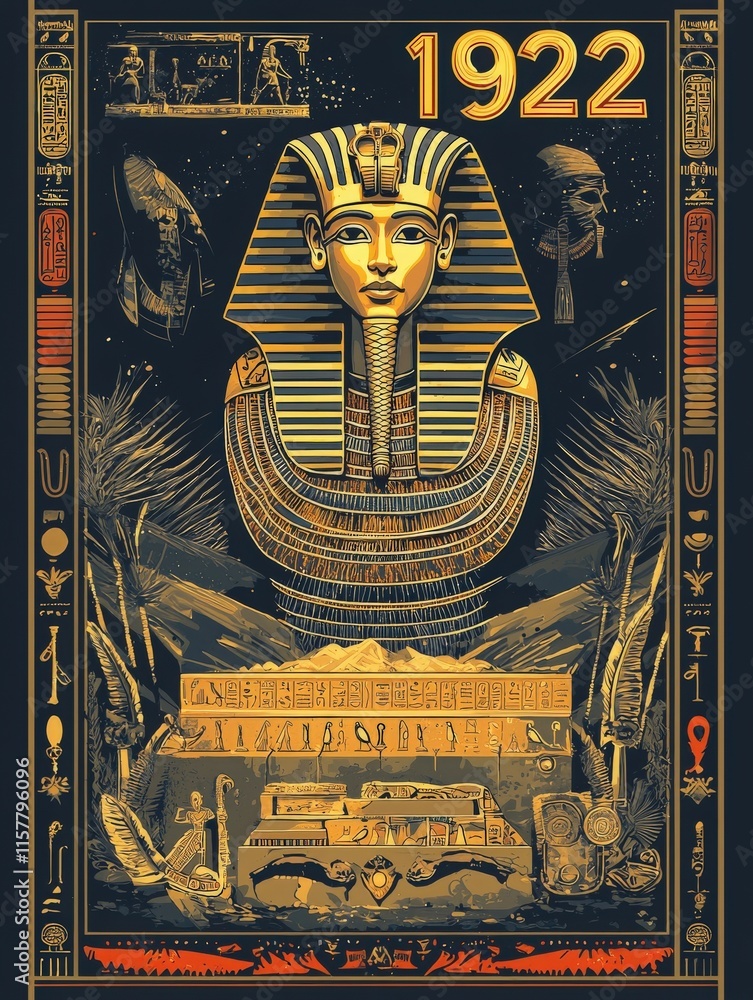 Intricate artwork illustrates ancient Egyptian elements, featuring a golden figure and hieroglyphics. This piece highlights discoveries from the historical excavation led by Howard Carter in 1922.
