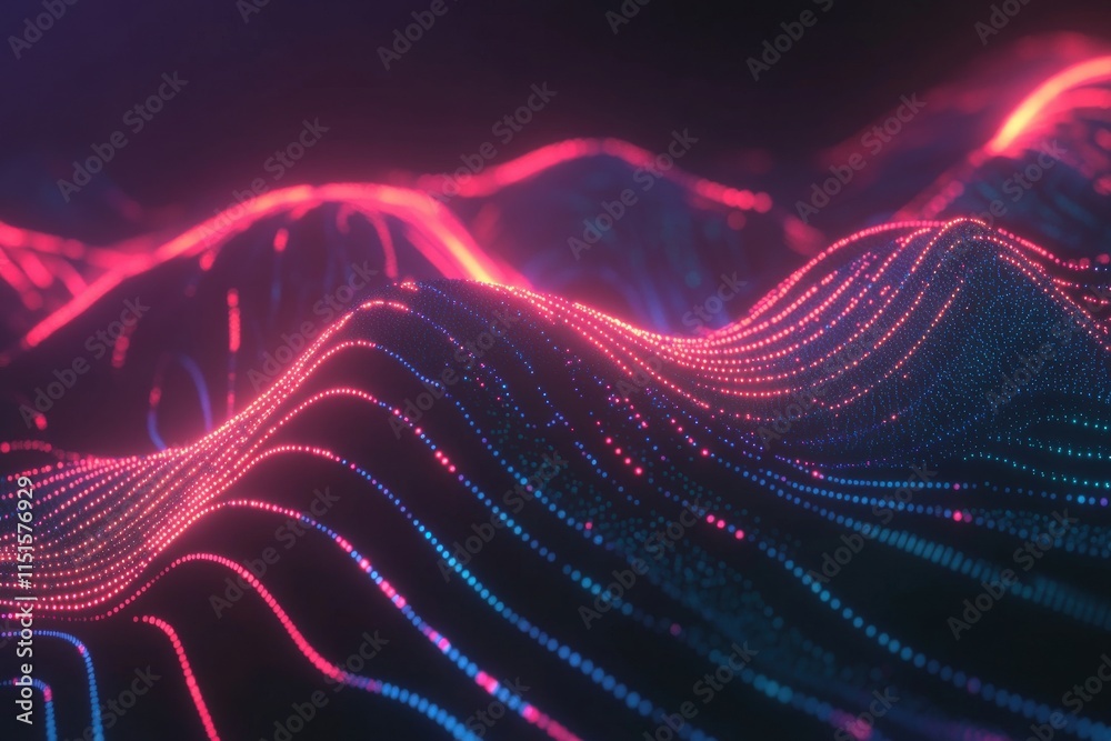 Intricate patterns of colorful light waves flow and curve gently, resembling a digital landscape under a starry night. The vibrant pink and blue hues create a captivating visual experience.