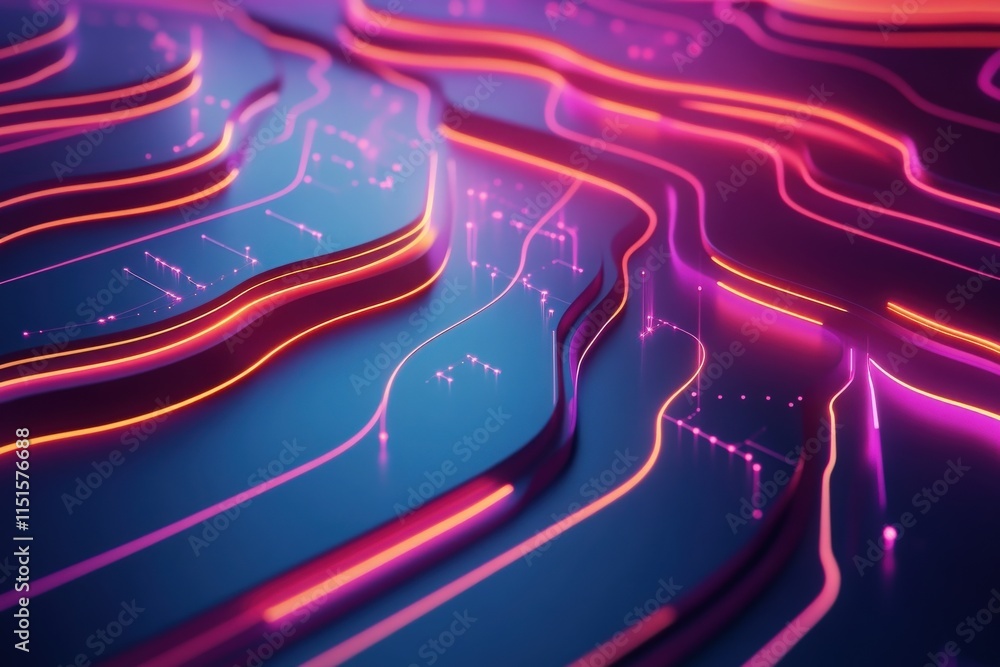 Intricate patterns of neon lights flow across a dark background, showcasing a striking abstract design. The glowing lines in pink and blue intertwine, evoking a sense of depth and movement.