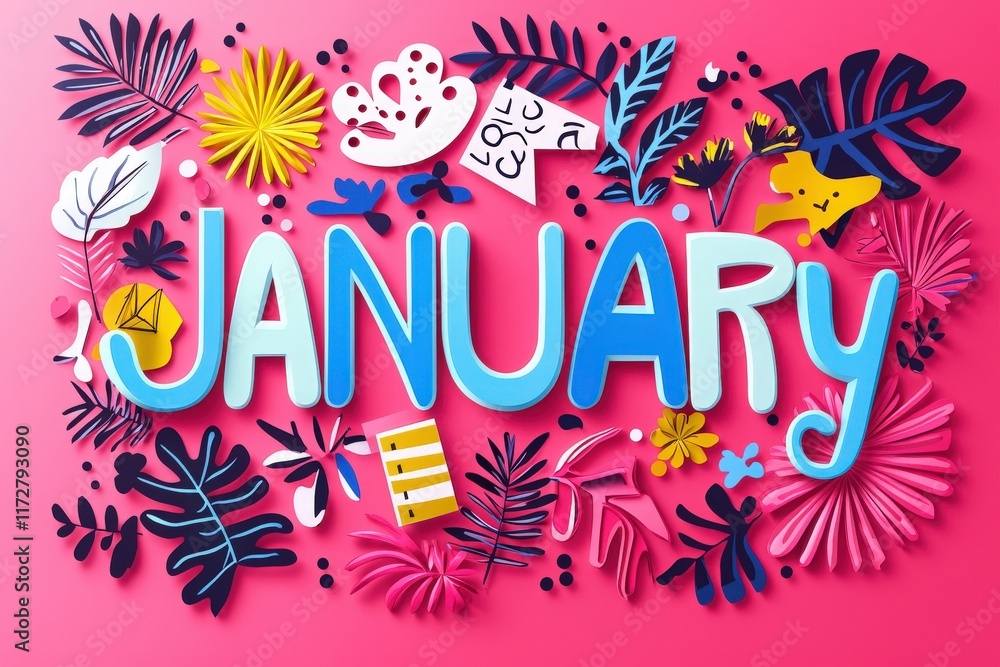 January is boldly displayed in playful, colorful letters surrounded by an array of bright flowers and leaves on a pink background, capturing a lively and cheerful mood suitable for winter.