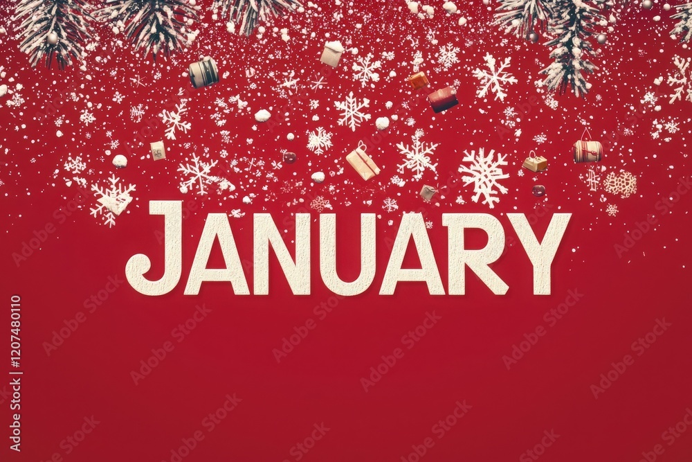 January is highlighted with a bold design featuring snowflakes, gifts, and seasonal decorations. The vibrant red background enhances the festive atmosphere of the winter month.