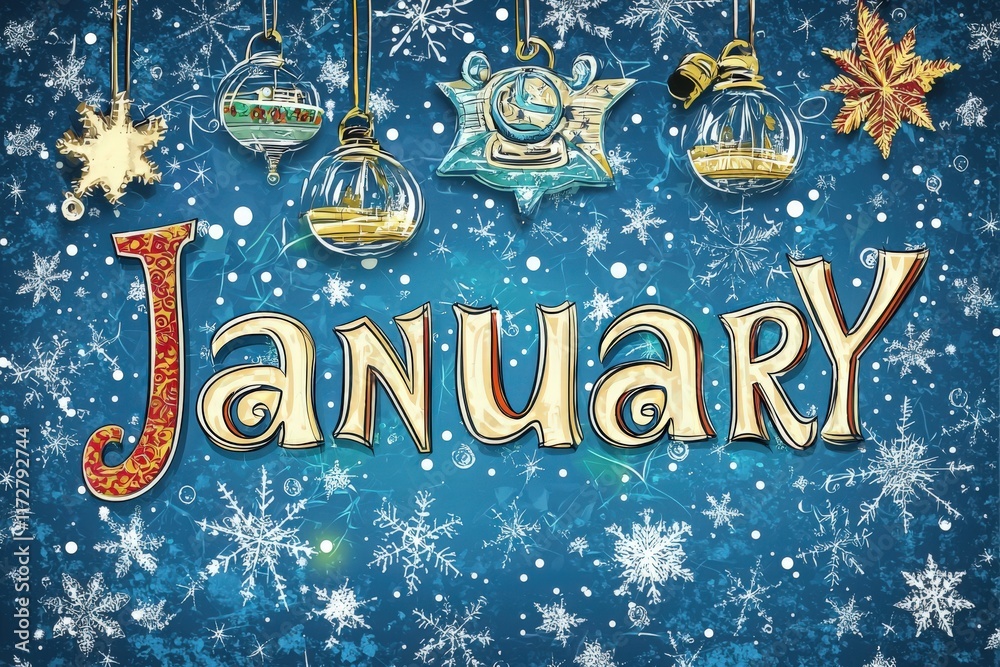 January is illustrated with colorful ornaments and snowflakes against a blue background, celebrating the winter season. The design emphasizes the charm and joy of the new year.