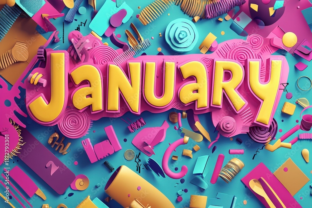 January is presented with a mix of shapes and colors. This creative display showcases a variety of playful elements arranged around the bold word January in bright hues.