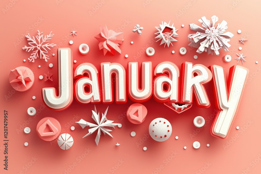 January is prominently displayed in bold letters, surrounded by various winter-themed decorations like snowflakes and geometric shapes on a light pastel background, signaling the start of a new year.