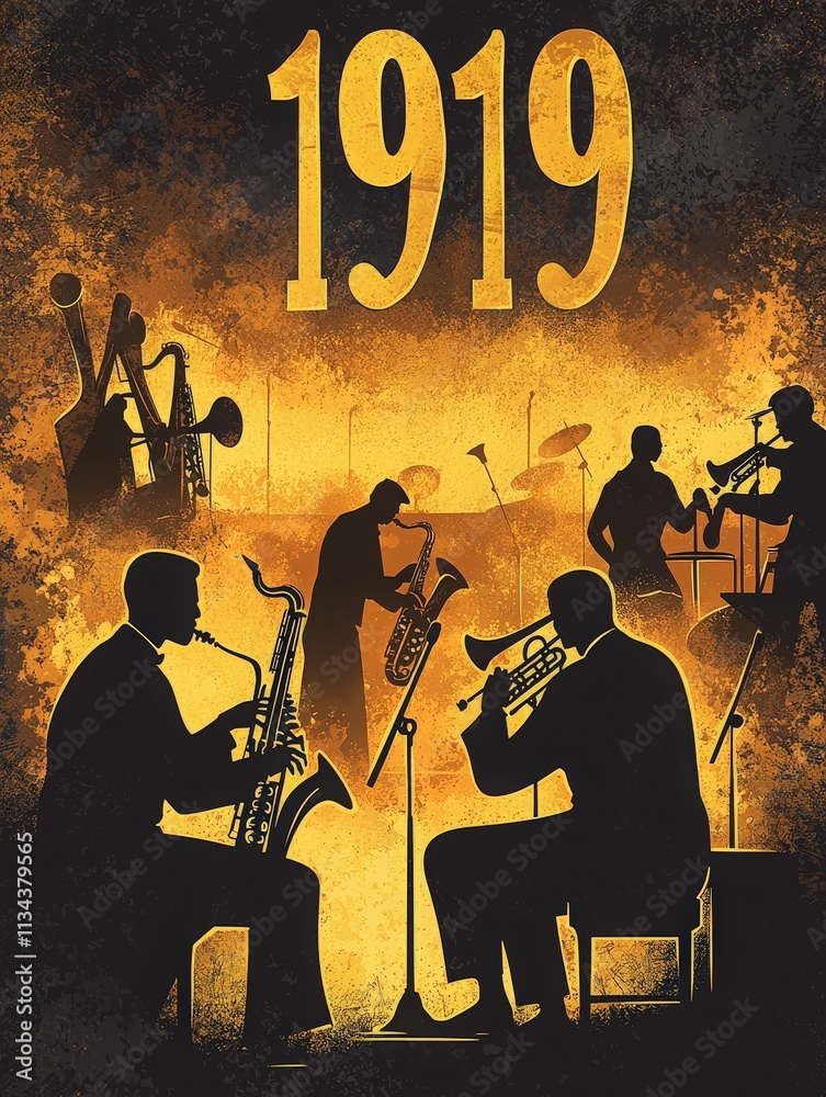 Jazz musicians are engaging in a lively performance, highlighted by silhouettes against a glowing backdrop. The year 1919 is prominent, setting a historical tone for the atmosphere.