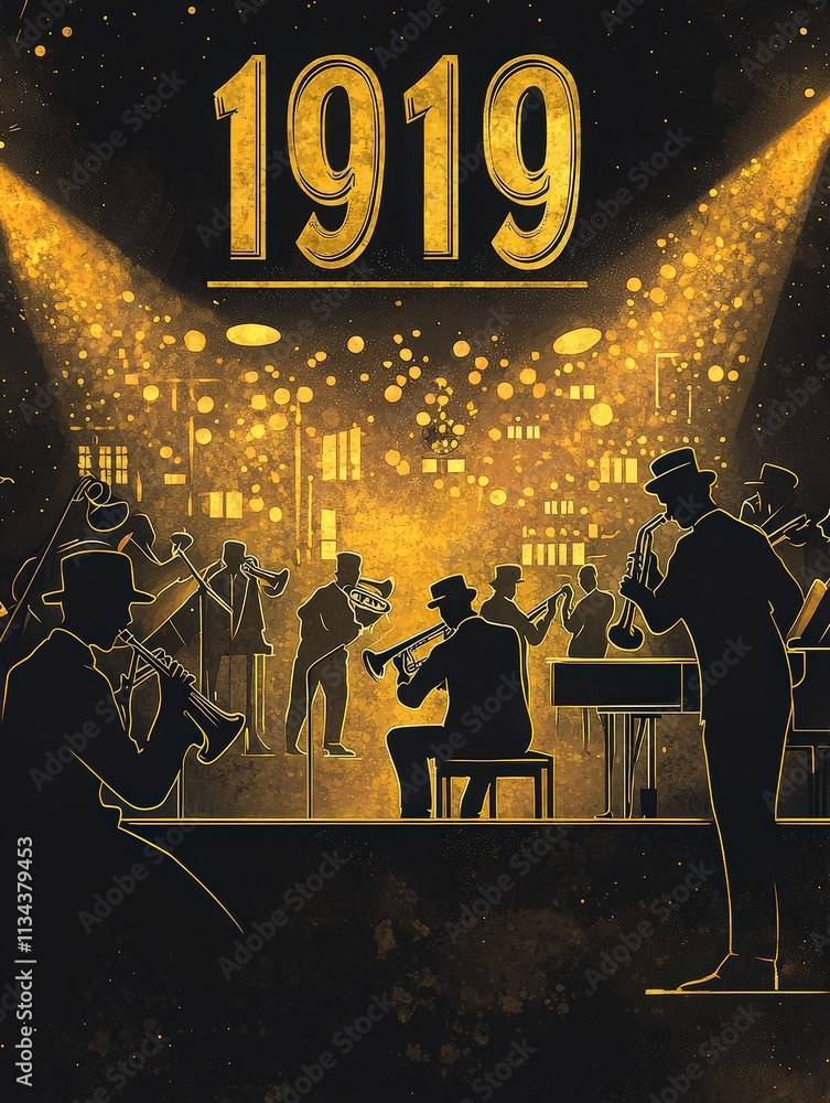 Jazz musicians play instruments in a vibrant club setting, illuminated by warm lights. The atmosphere is lively, showcasing a historical moment from the early 20th century.