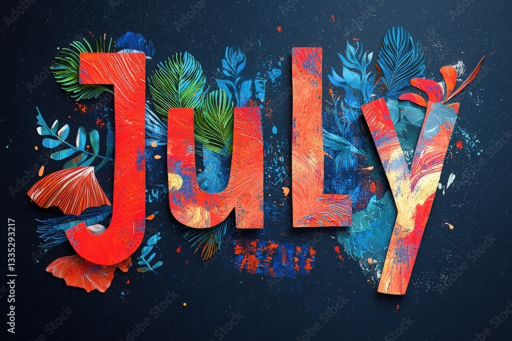 July is showcased with a bold, colorful mural. Bright red letters stand out against a dark blue background, surrounded by tropical leaves and artistic splashes, celebrating the summer mood.