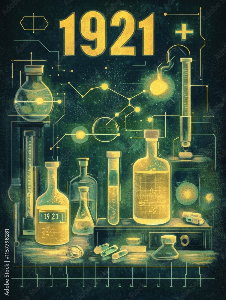 Lab equipment from 1921 is displayed, featuring various glassware and glowing elements that symbolize scientific discoveries.