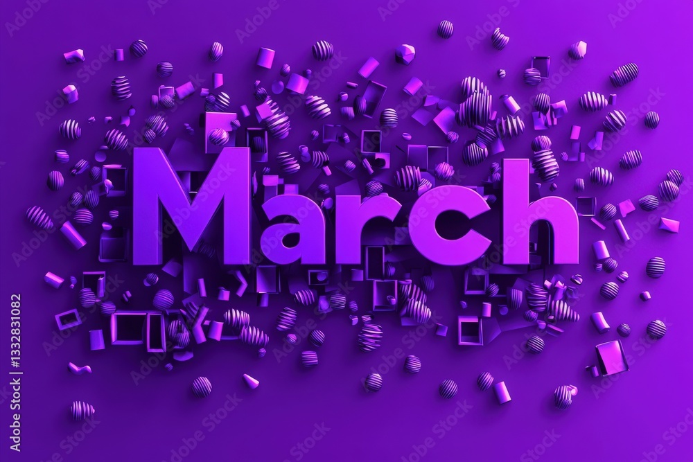 Large, bold text spells March in a vibrant purple hue, set against a matching background. Geometric shapes in various colors and patterns scatter around the text.