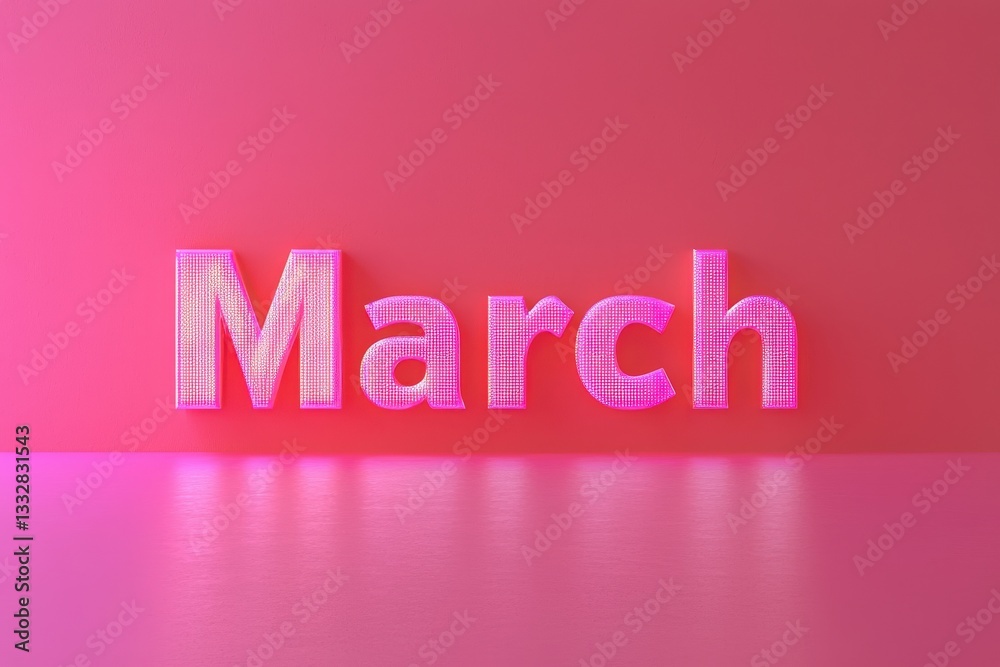 Large, illuminated letters spelling March are showcased against a vibrant pink background, creating a lively and contemporary atmosphere. The setting emphasizes creativity and bold colors.