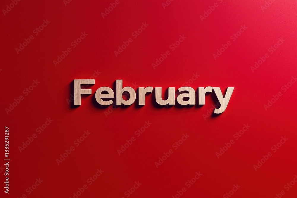 Large, three-dimensional letters spell out February against a striking red backdrop. The design emphasizes a simple yet eye-catching presentation of the month.