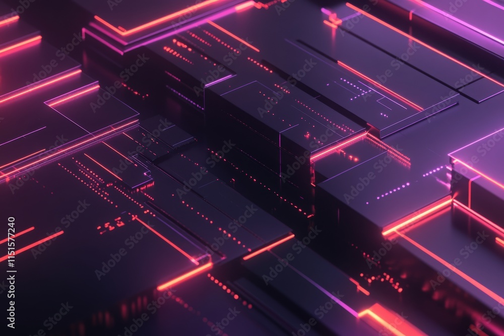 Layers of glowing neon lines and shapes form a dynamic digital environment. Vivid hues of purple and pink illuminate the surfaces, creating an energetic atmosphere that feels futuristic.