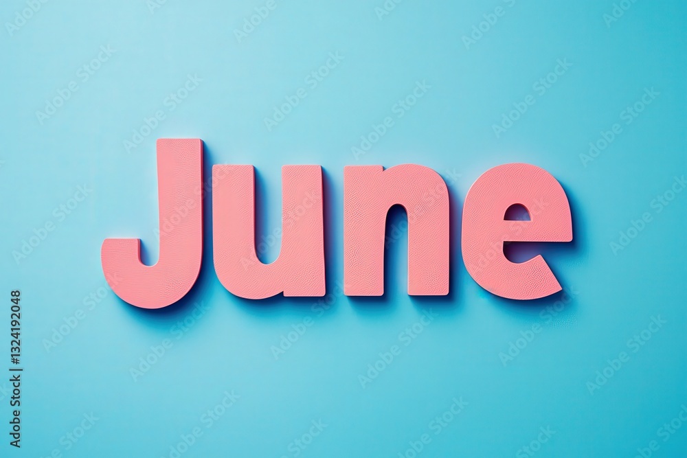 Letters forming the word June are prominently displayed in a playful pink color on a light blue backdrop. The contrast in hues evokes a cheerful, summery atmosphere.