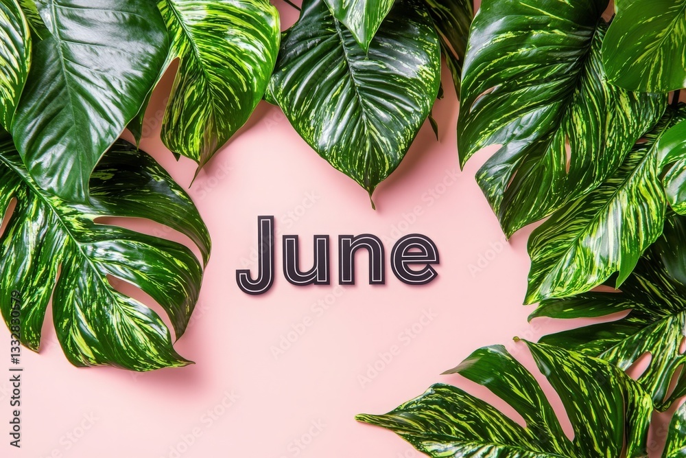 Lush green tropical leaves frame the bold word June on a soft pink background, creating a vibrant and lively summer ambiance. This vibrant composition celebrates the month.