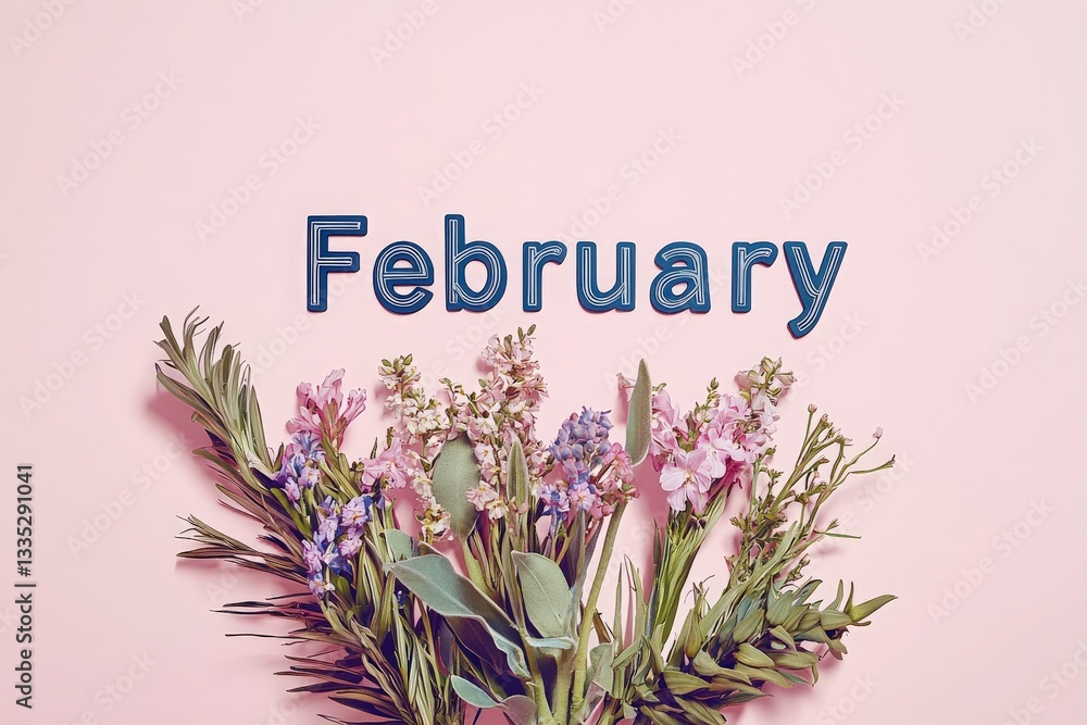 March brings a celebration of Februarys beauty, showcasing a variety of colorful flowers arranged against a pastel pink background, creating a fresh and lively atmosphere.