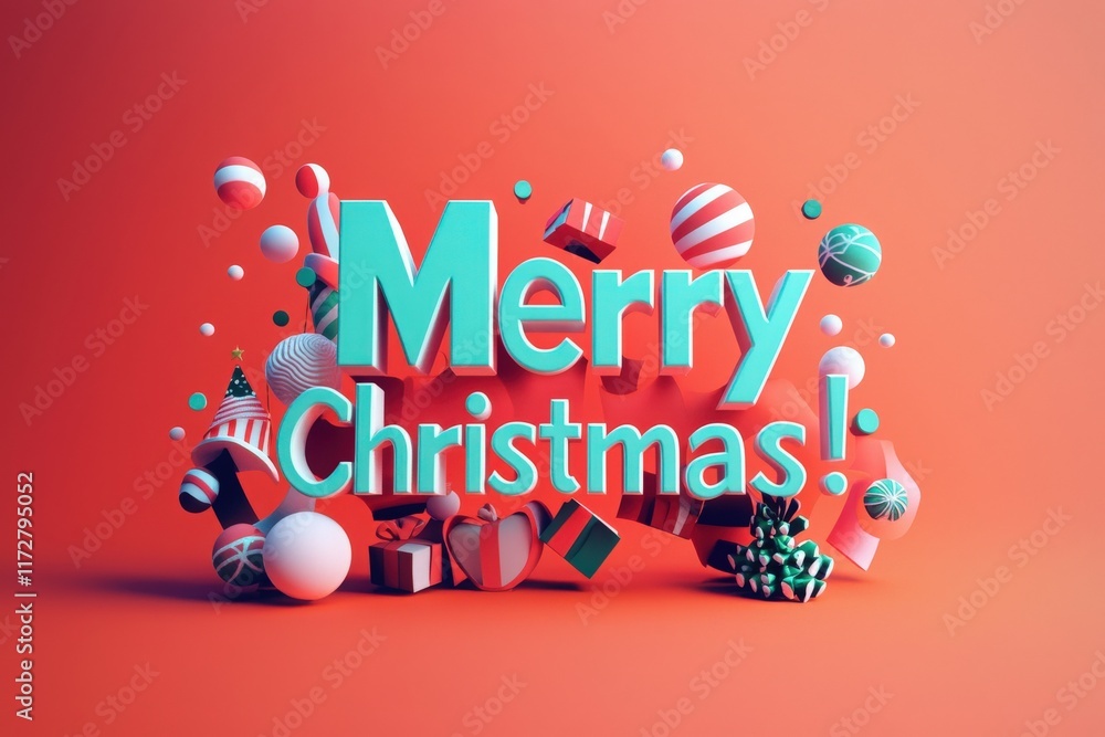 Merry Christmas is prominently displayed in lively lettering against a bold background, surrounded by festive ornaments and gifts. This cheerful arrangement captures the holiday spirit.