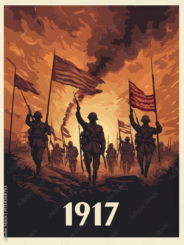 Military personnel advance with flags, silhouetted against a fiery sunset backdrop. The scene captures the determination and spirit of troops in 1917, a pivotal year in history.