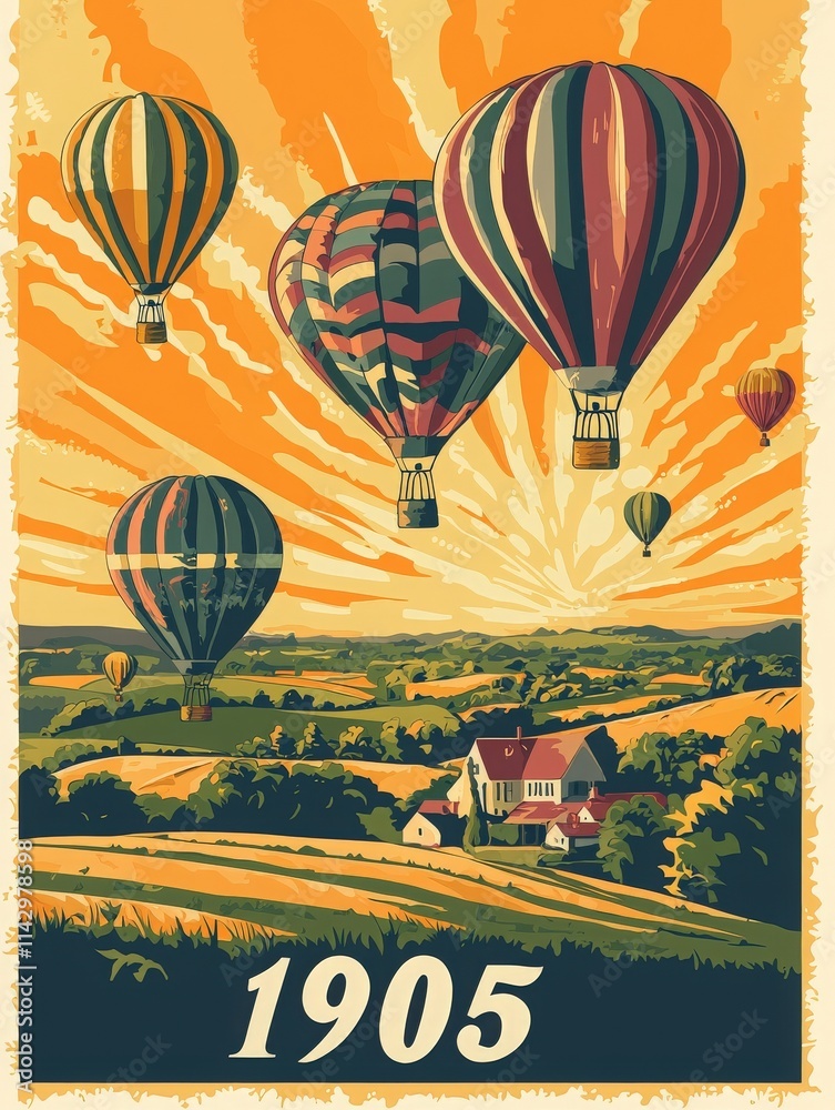 Multiple hot air balloons float gracefully through a bright sky, casting shadows over rolling green hills and a quaint farmhouse, evoking a sense of adventure and nostalgia from the year 1905.